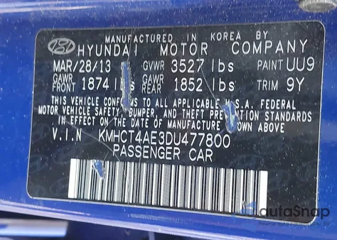 2013 Hyundai Accent Gls из США, поврежденный, VIN KMHCT4AE3DU477800